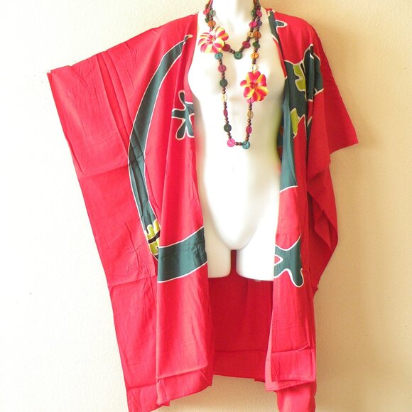 CM57 Gecko Batik Plus 38" Open Hand Painted Cover Up Midi Cardigan fit up to 5X - Picture 1 of 2